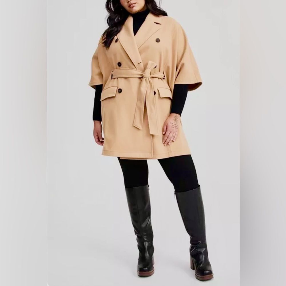 NWT Torrid Faux Melton Trench Style Cape with Waist Tie in Tan Size 2/XXL